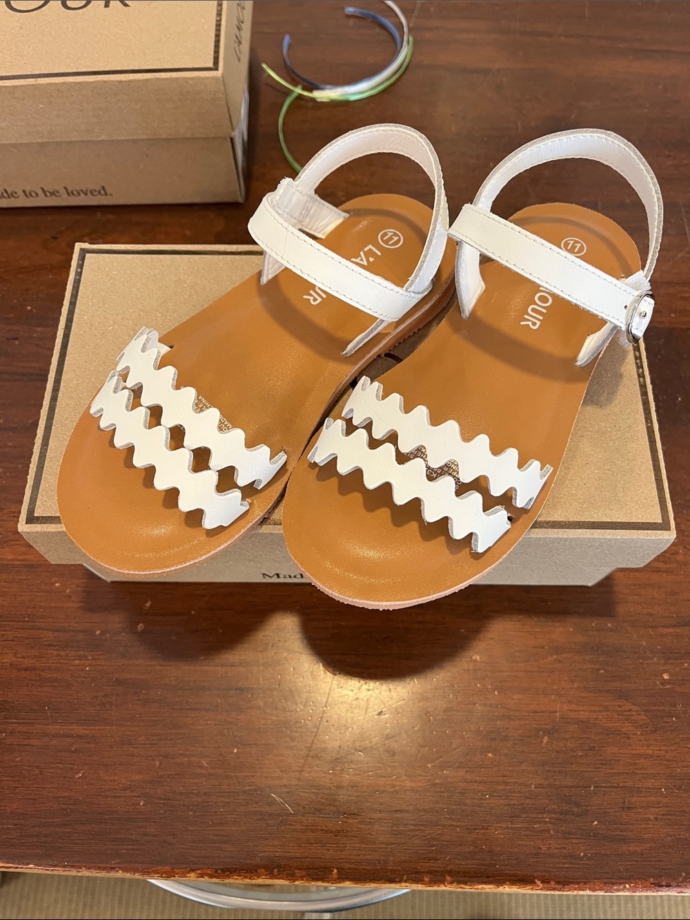 L'Amour White Zigzag Strap Kids Sandals with Tan Footbed